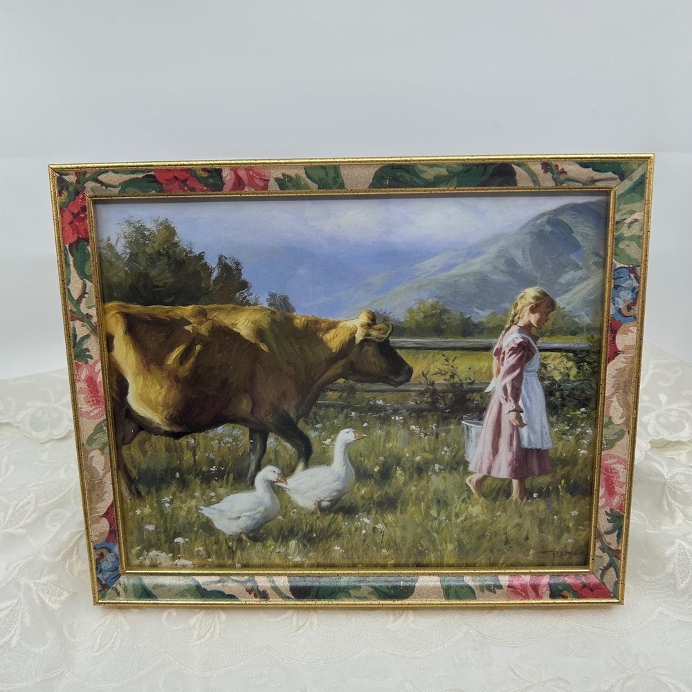 Vintage 80s Cow Farm Prairie Artwork Pair Floral Gold Framed Cottagecore Prints - Picture 5 of 14